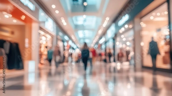 Fototapeta Blurred image capturing a diverse group of individuals shopping in a contemporary retail environment or shopping mall