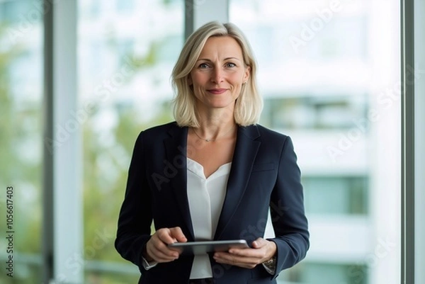Fototapeta Happy busy middle aged professional business woman using digital tablet computer in office. mature lady manager, female corporate executive holding tab standing at work.