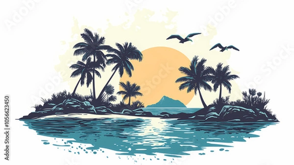 Fototapeta Tropical island paradise. Tropical Island Shoreline. Illustration