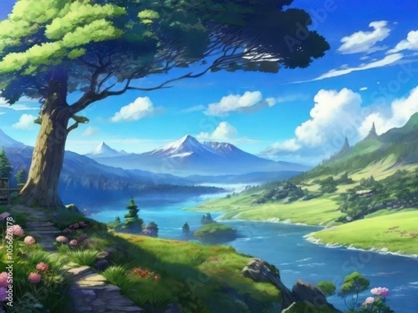 Fototapeta Idyllic landscape with a tree by the lake and majestic mountains on the horizon