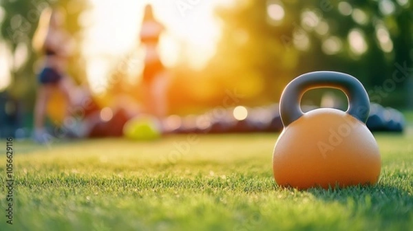 Obraz Outdoor Bootcamp Session at Sunset with Kettlebell Focus