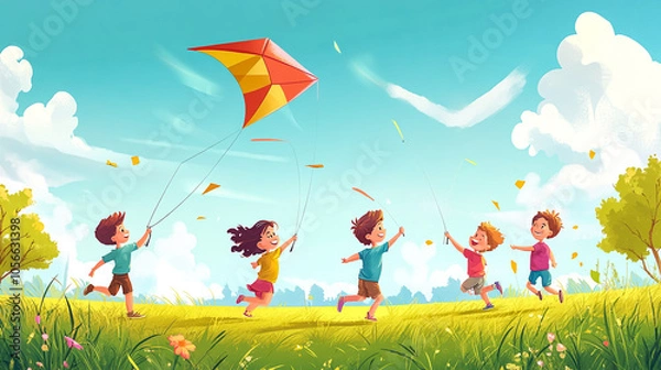 Obraz children playing with kite in field