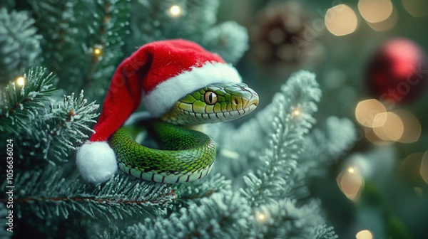 Fototapeta Green snake adorned with a red Santa hat is coiled on a Christmas tree, surrounded by colorful ornaments and soft, blurred lights typical of the holiday season.