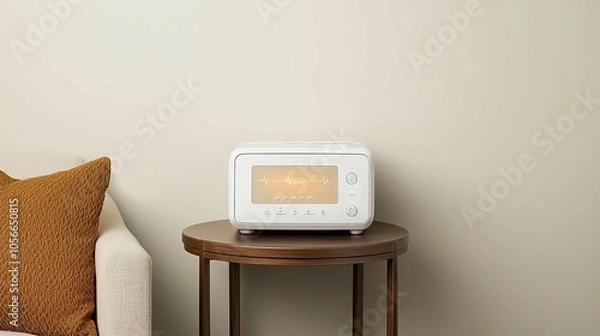 Fototapeta A modern white microwave on a wooden table beside a couch with an orange cushion, set against a beige wall, creating a cozy kitchen space.