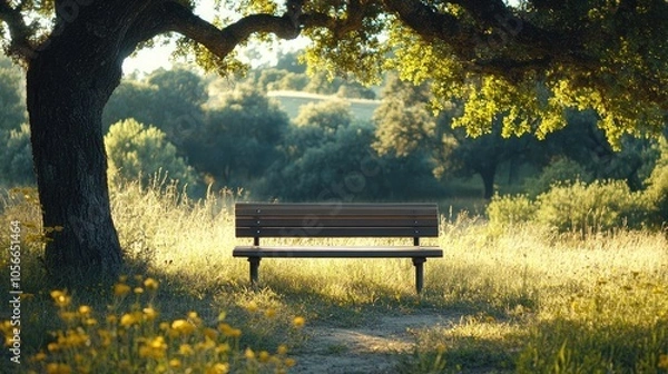 Fototapeta Empty bench invites contemplation under a majestic oak tree in scenic landscape