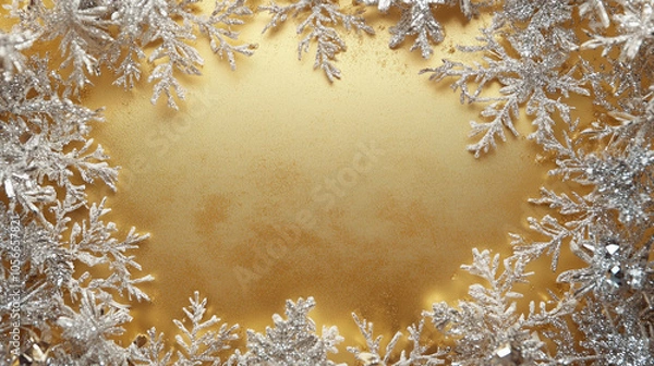 Obraz 雪の上に黄金色と白のクリスマスツリー、ボケライトとキラキラのオーナメントが落ちているクリスマスの背景。ホリデーグリーティングカードやお祝いの装飾のための冬のシーン。