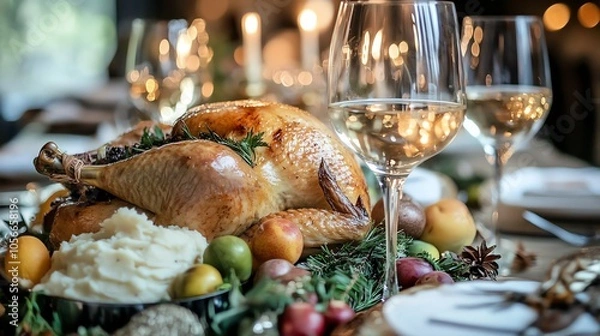 Fototapeta Roast turkey dinner with wine and candles.