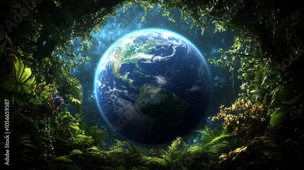 Fototapeta abstract representation of Earth surrounded by lush greenery, showcasing beauty of nature and planet vibrant colors
