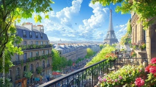 Fototapeta From a Parisian balcony, enjoy the Eiffel Tower amid flowers, bustling cafés, and golden sunlight.