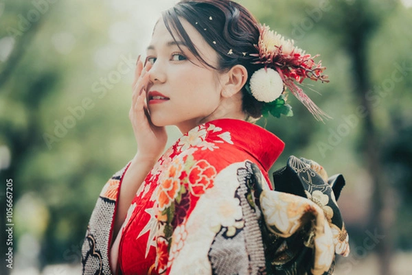 Obraz 赤い振袖を着た女性の横顔