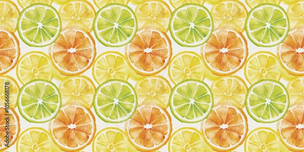 Fototapeta Citrus Splash: A seamless pattern of textured watercolor paper in vibrant citrus-inspired colors, featuring shades of zesty orange, fresh lime green, and sunny yellow