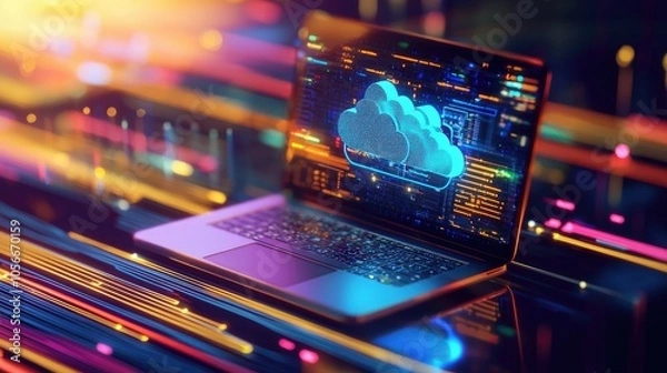 Fototapeta Exploring cloud computing a modern digital landscape with laptops and cloud icons
