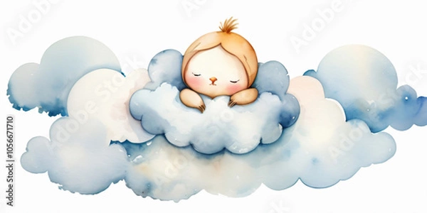 Fototapeta A bird sleeps peacefully on fluffy clouds in a watercolor dream.