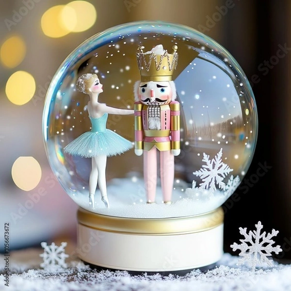 Fototapeta Snow globe with Nutcracker and ballerina, surrounded by snowflakes, pastel colors, magical ballet, soft focus