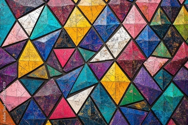 Fototapeta Colorful geometric pattern featuring vibrant triangles in various shades and textures.