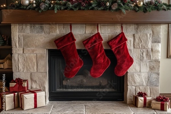 Fototapeta Festive stuffed Christmas stockings hanging on a stone fireplace, surrounded by gift boxes and decorations against a beige wall backdrop.