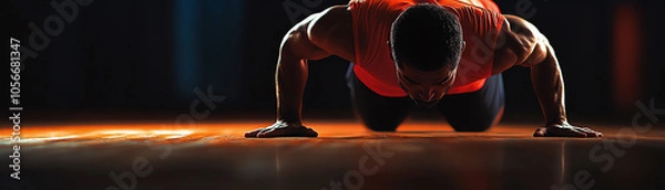 Fototapeta Intense athletic training the journey of personal strength and endurance through push-ups in a dramatic lighting environment