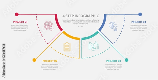 Fototapeta 4 points template infographic outline style with 4 point step template with half circle pie chart separated with long line dot for slide presentation