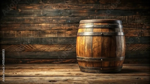 Fototapeta A whiskey barrel with a vintage distressed finish and a wooden lid, rustic barrel, wood storage