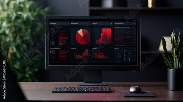 Fototapeta Digital dashboard displaying complex supply chain metrics, global connections, colorful data visualization, modern office setup, professional lighting
