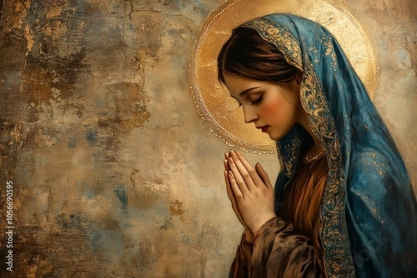 Obraz Catholic icon of the Virgin Mary. Hands in prayer. A plot from the Bible. Oil, watercolor, canvas.