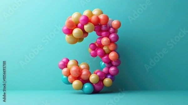 Fototapeta Number 3 created with vibrant balloons against a solid backdrop ideal for celebrations like birthdays anniversaries or parties