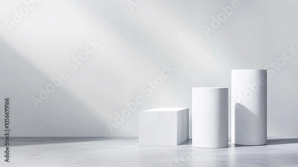 Fototapeta 2410_088.geometric award ceremony set, pristine white pedestals, ascending levels, sharp edges, matte texture, subtle reflections, light gray floor, professional photography style