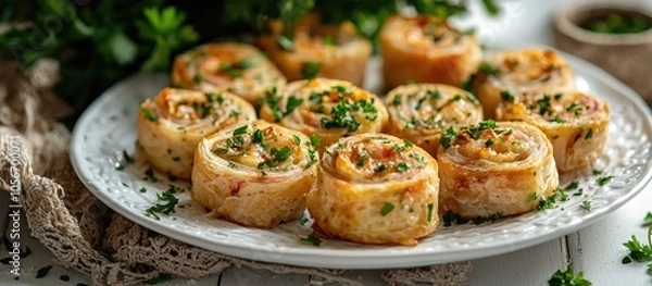 Fototapeta Cheese And Ham Rolls With Chopped Parsley Served On A White Plate On A Decorated Table