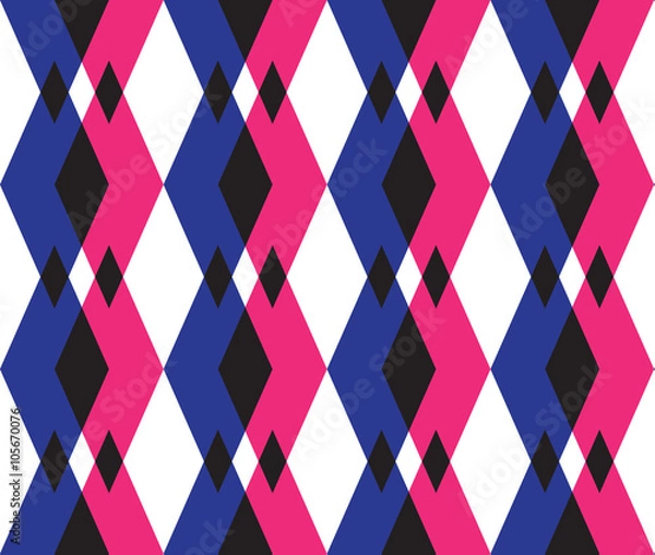 Fototapeta Vector seamless pattern with pink, blue and black triangles. Background can be used for web, fabrics, booklets, business cards and other.