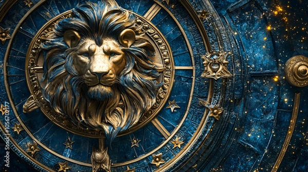 Obraz sign of the zodiac leo - portrait of a lion in a colorful universe with some galaxies and stars, leo sign with stars on black background. Zodiac signs, stars and horoscop