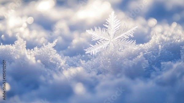 Fototapeta Delicate ice crystals scattered on a snow covered surface