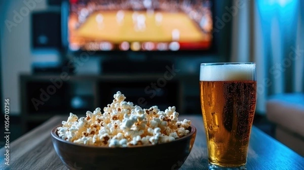 Obraz A bowl of popcorn and a glass of beer are placed on a coffee table in front of a television displaying a game