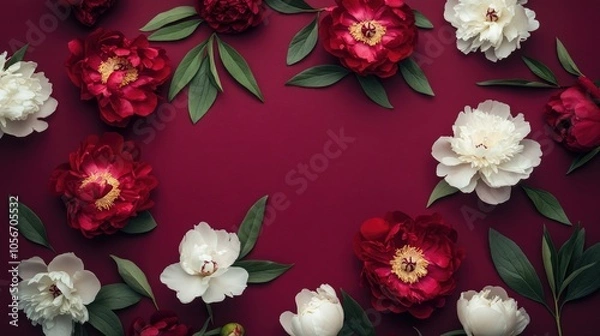 Fototapeta Red and white peonies arranged on a burgundy backdrop create a spring themed greeting card template suitable for weddings or special occasions featuring ample copy space Flat lay view