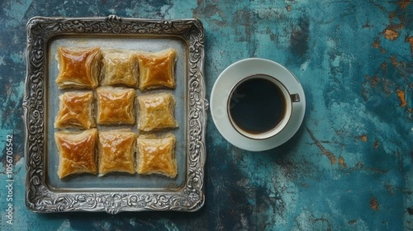 Fototapeta Coffee and Turkish baklava on a silver platter. blue background. view from above.
