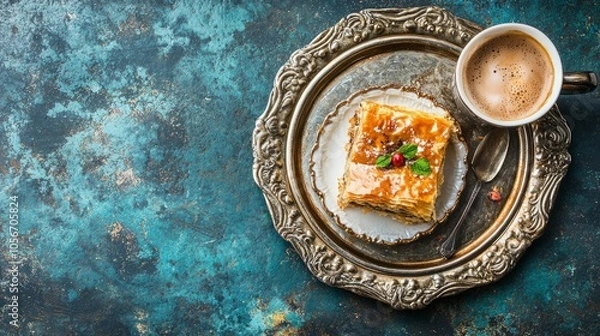 Fototapeta Coffee and Turkish baklava on a silver platter. blue background. view from above.
