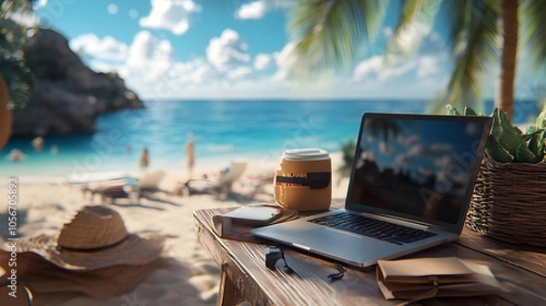 Fototapeta Tropical Beach Laptop Work Setup Illustration