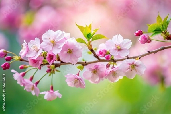 Fototapeta Intricate cherry blossom branch with delicate petals and green leaves, branches, nature