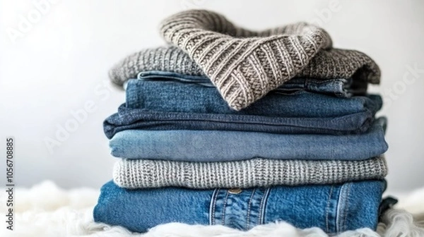 Fototapeta Assorted jeans and sweaters arranged in a stack against a white backdrop