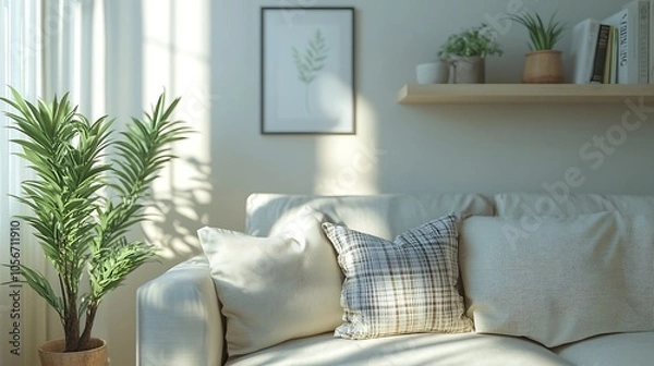 Obraz Minimalist Living Room with Light Colors and Vibrant Indoor Greenery : Generative AI