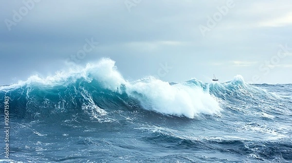 Fototapeta A captivating view of powerful ocean waves crashing under a cloudy sky, showcasing nature's raw beauty and strength.