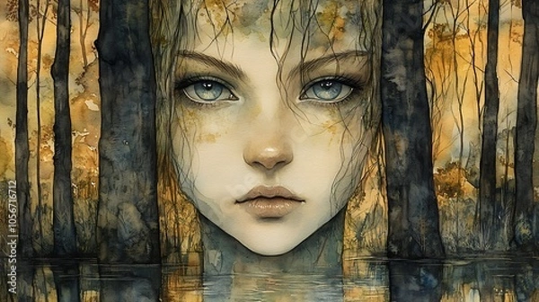 Obraz In this enchanting watercolor, a beautiful forest nymph with blue green eyes and dark brown eyebrows captivates the viewer with her serene expression