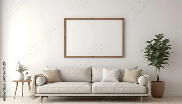 Fototapeta A minimalist living room with a white sofa, beige throw pillows, and a wooden frame on the wall
