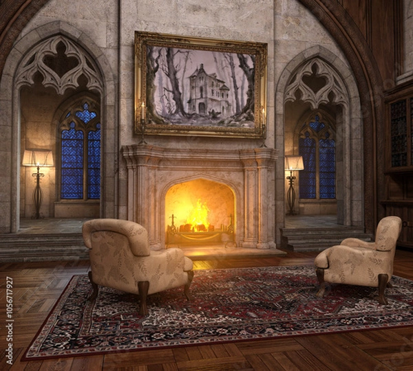 Obraz Antique library interior 3d render. No AI used