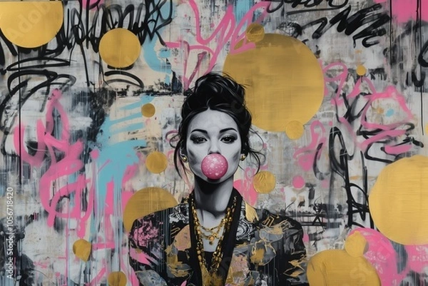 Fototapeta Street art featuring a woman with bubble gum against a colorful graffiti background in an urban setting