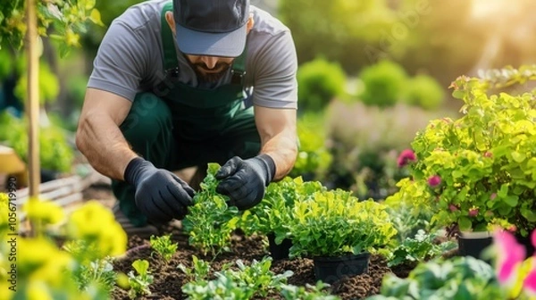 Obraz Farmer, plants and vegetables for farming, agriculture and sustainability with growth of leaves or spinach in field. Agro worker or gardener with green harvest, gardening or small business outdoor
