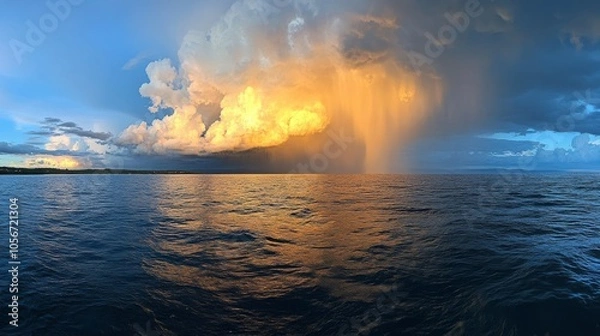 Fototapeta Rain Showering a Calm Sea with a Golden-Lit Cloud