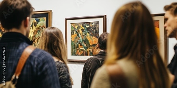 Fototapeta Visitors admire vibrant artwork at an art gallery, appreciating the creativity and styles of various pieces during an afternoon exhibit