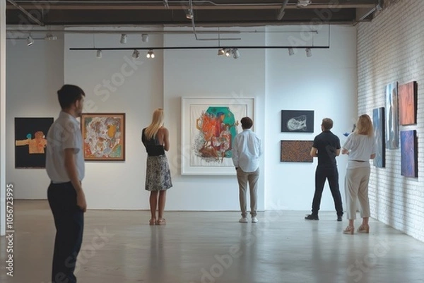 Fototapeta Visitors admire contemporary art at a spacious gallery during a sunny afternoon, engaging with various vibrant artworks on display