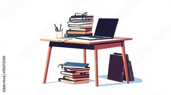 Fototapeta A semester-themed illustration featuring a study table with a stack of books, notepads, and a laptop, set against a white background.