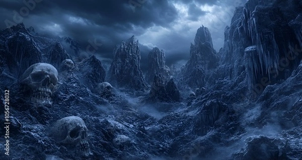 Obraz Dark, Eerie Landscape Of A Frozen Mountain Range With Giant Skull Formations And Ominous Clouds In The Sky. Generative AI